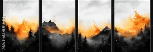 Triptych of Mountainous Landscape, Silhouetted Trees, Watercolor and Gold Splatter Details
