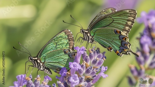 Pair of Green Butterflies Resting on Lavender Flowers in Natural Garden Setting