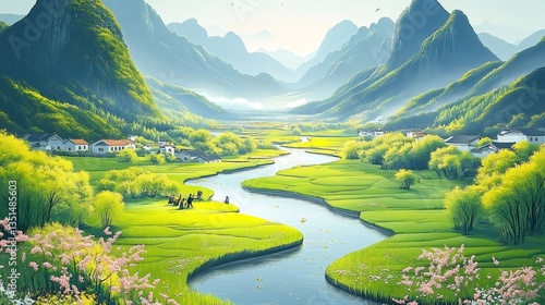 Breathtaking river flowing through picturesque valley in spring