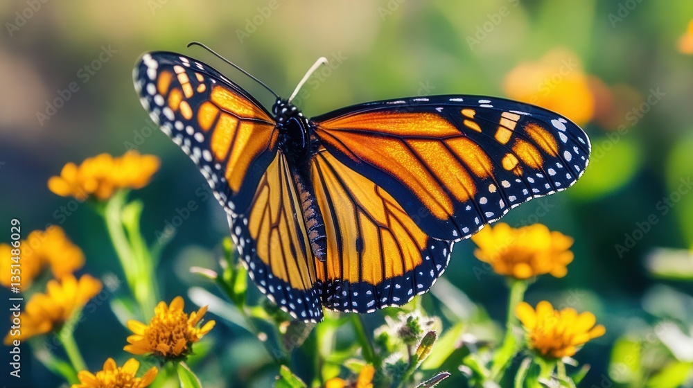 Fototapeta premium Monarch Butterfly Perched on Vibrant Yellow Flowers in a Lush Garden Setting