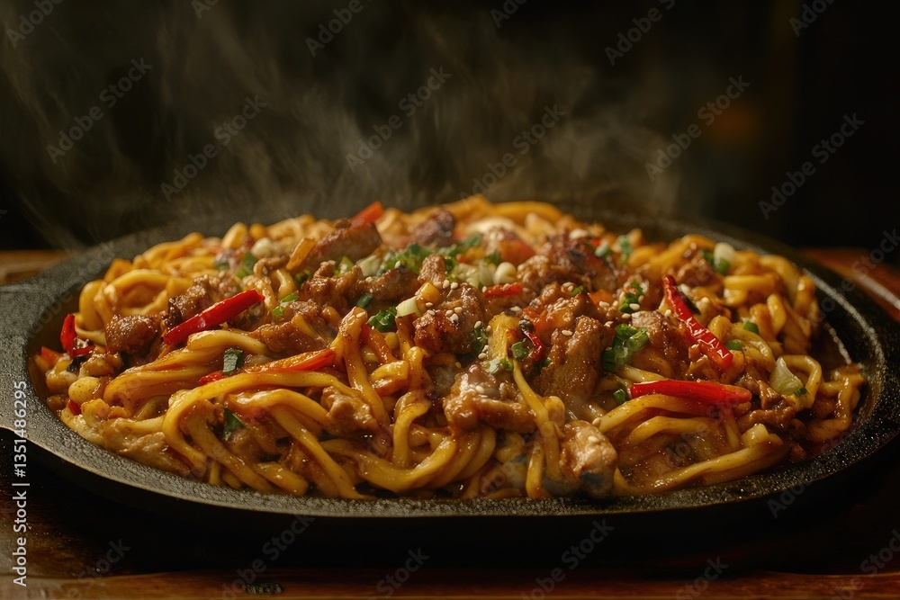 Fototapeta premium A sizzling plate of Jjajangmyeon with black bean sauce and vegetables