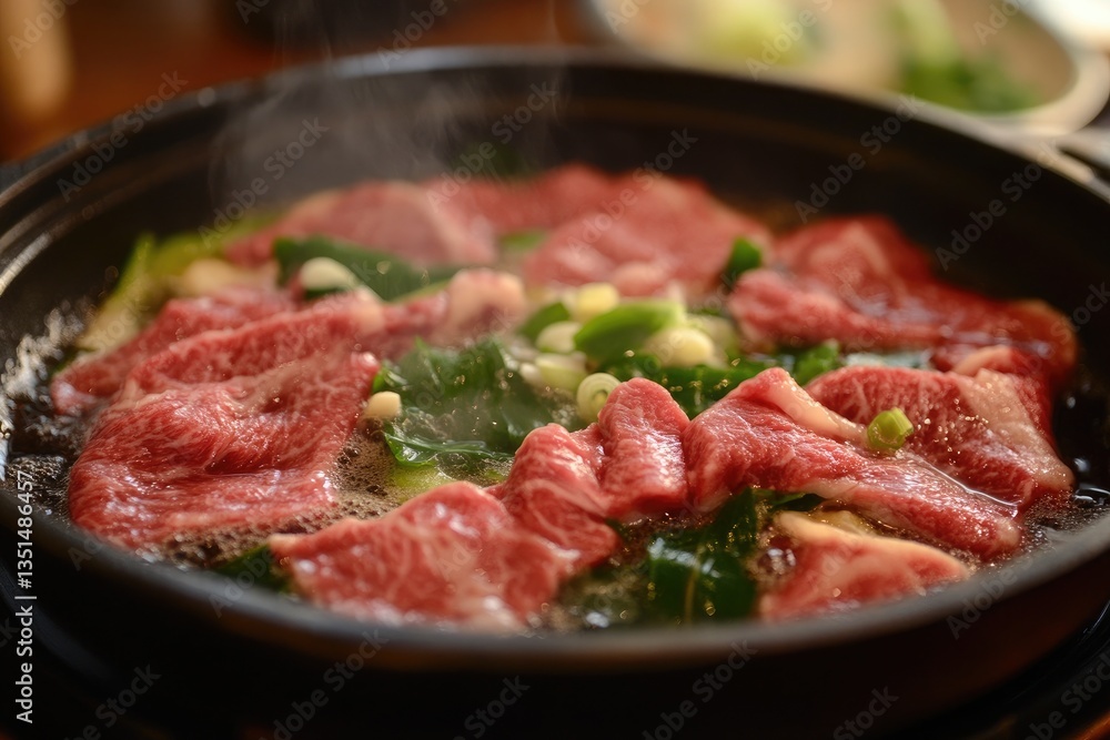 A sizzling skillet of shabu shabu with thin beef slices A sizzling skillet of shabu shabu with thin beef slices