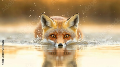 Red Fox Swimming Gracefully Through Shimmering Water with Intense Eyes in a Serene Environment