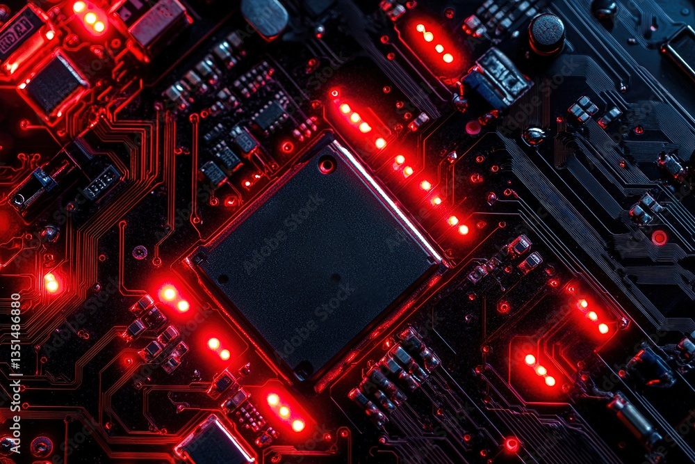 Fototapeta premium Red Illuminated Circuit Board, Close-up Technology Background, Electronic Components