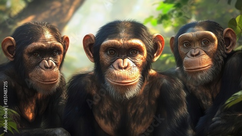 Three Chimpanzees Gathering in Dense Green Jungle with Sunlight Filtering Through Leaves