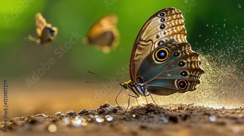 Three Butterflies in Flight Hovering Over Sunlit Ground with Sparkling Dewdrops and Vibrant Background