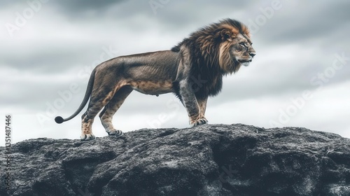 Powerful Lion Stands Majestically on Rocky Outcrop Against Dramatic Clouds in Nature
