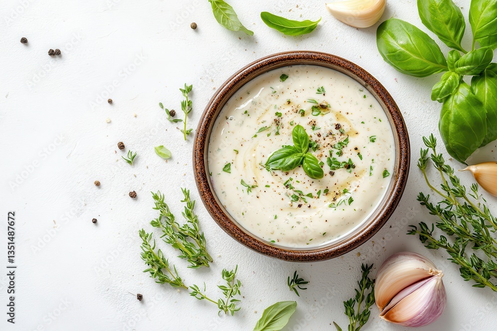 Creamy soup in a bowl is decorated with basil leaves and black pepper. It is perfect for food blog, restaurant menu, or cooking article. Creamy soup in a bowl is decorated with basil leaves and black pepper. It is perfect for food blog, restaurant menu, or cooking article.