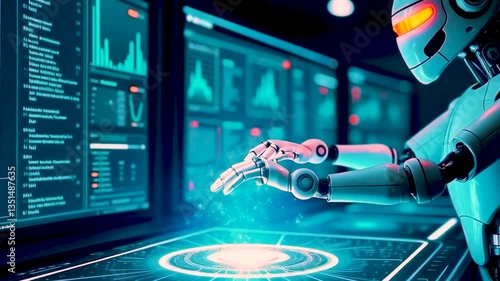 Futuristic AI robot operating a holographic touchscreen with data visualizations and glowing charts in a high-tech control room.