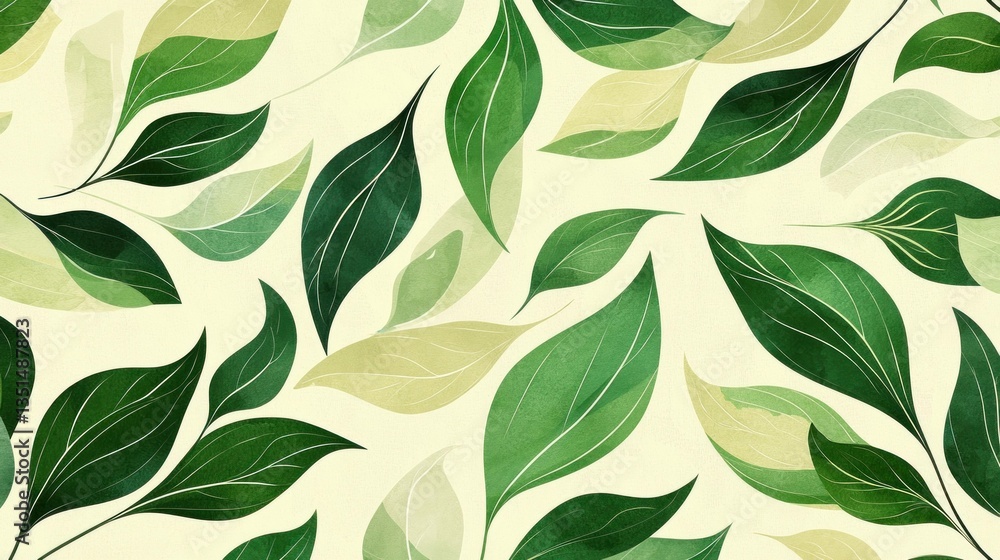 Elegant green leaves pattern on a light beige background, perfect for eco friendly designs, showcasing nature, freshness, and tranquility in a seamless style Elegant green leaves pattern on a light beige background, perfect for eco friendly designs, showcasing nature, freshness, and tranquility in a seamless style