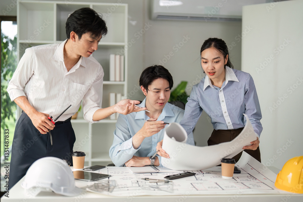 Collaboration and Project Planning. A creative team discussing blueprints and design strategies in a modern workspace. Collaboration and Project Planning. A creative team discussing blueprints and design strategies in a modern workspace.
