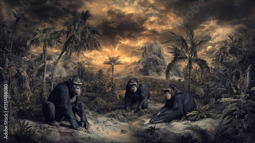Three Chimpanzees Observing Their Environment Amidst Tropical Jungle at Dusk with Dramatic Sky