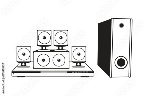 Sketch of a home theater system with five speakers and a subwoofer