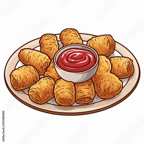 Cartoon Tater Tots with Ketchup on Plate