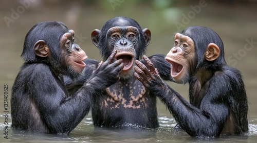 Three Playful Chimpanzees Engaged in Social Interaction While Splashing in Water