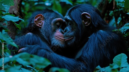 Two Chimpanzees Embracing in a Lush Green Forest Displaying Affection and Intimacy