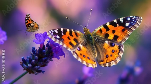 Two Colorful Butterflies on Lavender Flowers in a Beautiful Garden Setting During Spring