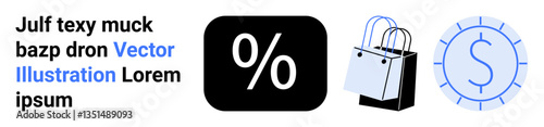 Percentage symbol, shopping bags, and coin icon representing discounts, sales, saving money, retail shopping, e-commerce, marketing promotions, and flat landing page banner