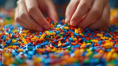 Hands sorting colorful building blocks on a table