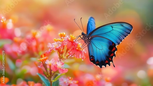 Vibrant Blue Butterfly Pollinating Pink Flowers in a Colorful Garden During Springtime