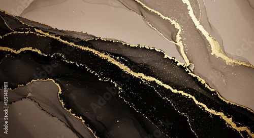 Abstract black and taupe fluid art background with gold accents design