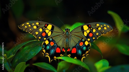 Vibrant Butterfly Perched on Lush Green Leaves in a Serene Natural Setting