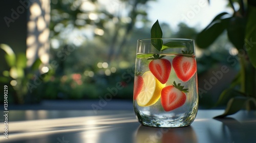Refreshing Summer Drink with Strawberries and Lemon Slices in a Clear Glass Outdoors