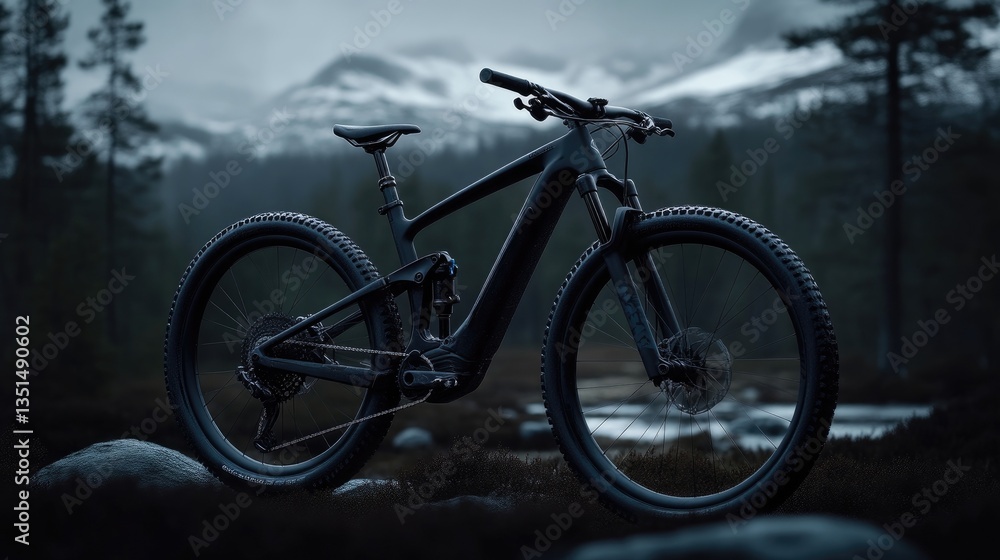 Fototapeta premium Black e-mountain bike in a serene natural setting