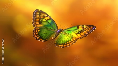 Vibrant Green Butterfly With Translucent Wings In Nature Against A Golden Blurred Background