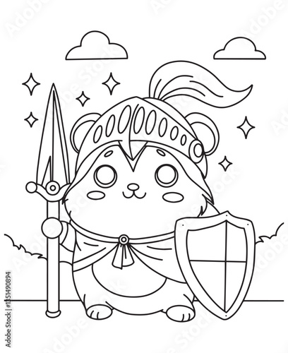 Coloring book Brave knight hamster with spear and shield! A fun coloring page for kids, sparking tales