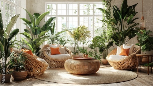 Wallpaper Mural Light Interior Design Room with Greenery Plants and Rattan Furniture Creates a Fresh and Bohemian Vibe Torontodigital.ca