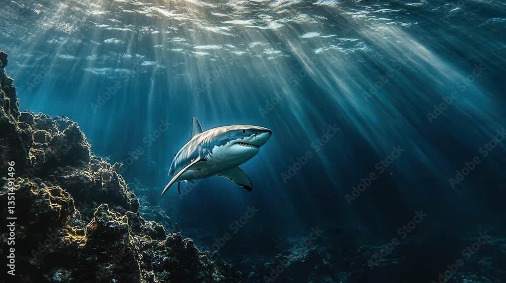 Fototapeta premium Swimming Shark in a Sunlit Ocean Environment Surrounded by Colorful Coral Reefs