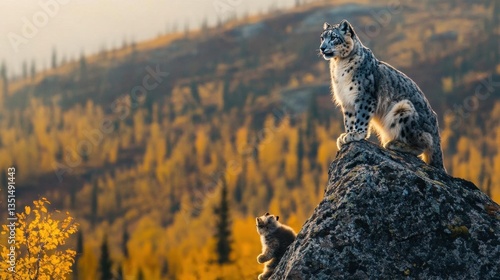 Snow Leopard and Cub Resting on a Rocky Outcrop Surrounded by Autumn Foliage and Mountains
