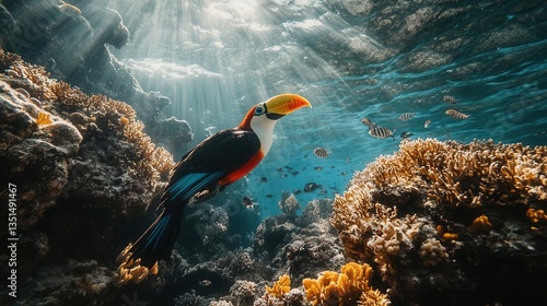 Vibrant Toucan Swimming Gracefully Among Colorful Coral Reefs in Sunlit Waters