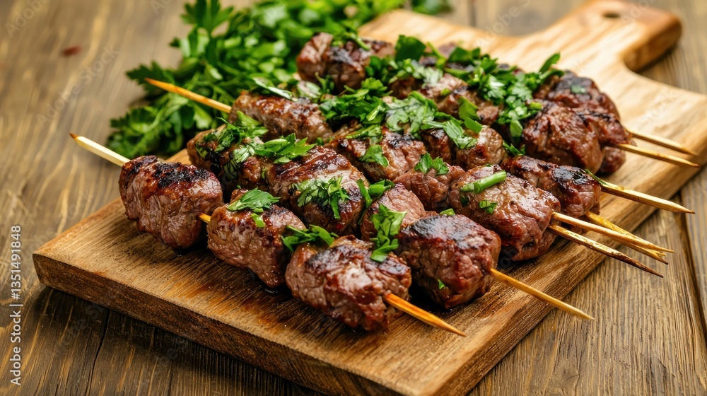 Delicious Beef Skewers on Rustic Wood Cutting Board Garnished with Fresh Parsley Ready to Serve Delicious Beef Skewers on Rustic Wood Cutting Board Garnished with Fresh Parsley Ready to Serve