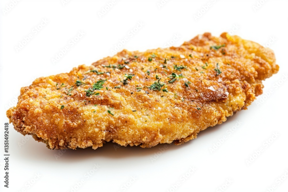 Golden crispy fried fish fillet with parsley and salt shining isolated on white background perfect for cooking and restaurant Golden crispy fried fish fillet with parsley and salt shining isolated on white background perfect for cooking and restaurant