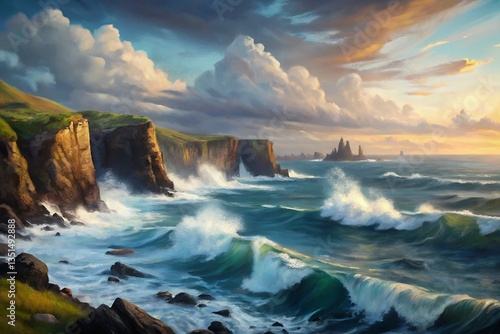 Dramatic coastal cliffs battling powerful ocean waves under a breathtaking sunset sky, painted with vibrant colors and dynamic brushstrokes.