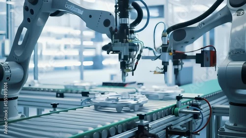 Robots Assembling Components in a High-Tech Manufacturing Facility During the Day