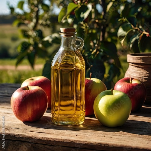 Glass Bottle of Organic Apple Cider Vinegar on Wooden Table in Sunny Garden with Greenery in Background. Natural Health Concept with Copy Space.