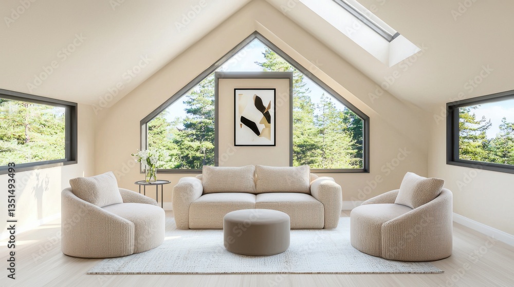 Fototapeta premium Cozy minimalist attic loft living room, beige walls, oversized boucle sofa in sand tone, two soft armchairs, neutral wool rug, abstract framed artwork
