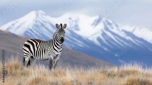 Zebra Standing Gracefully in Grassy Terrain with Majestic Snowy Mountains in the Background