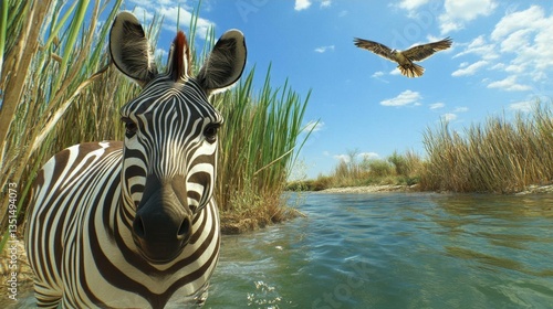 Zebra Near Tranquil Waterbody with Hawk in the Sky Under Bright Blue Clouds and Green Grass