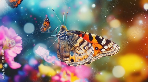Vibrant Butterflies Among Colorful Flowers in a Dreamy Garden Environment with Soft Bokeh