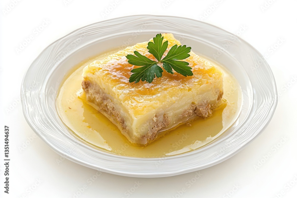Delicious moussaka on a white plate garnished with fresh parsley creating a warm appetizing atmosphere in bright studio lighting Delicious moussaka on a white plate garnished with fresh parsley creating a warm appetizing atmosphere in bright studio lighting