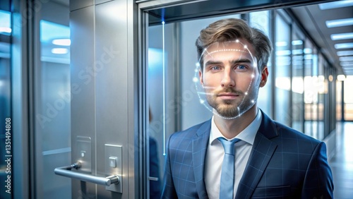 Wallpaper Mural Smart Home Professional man in a suit standing in a modern elevator, showcasing digital facial recognition technology. Torontodigital.ca