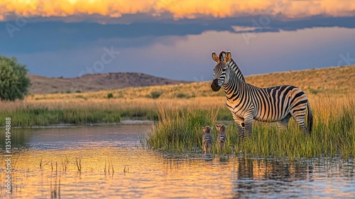 Zebras Standing by a Reflective Water Body Against a Dramatic Sunset in African Savannah