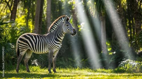 Zebra Standing Gracefully in Serene Forest with Sunlight Rays Illuminating the Scene