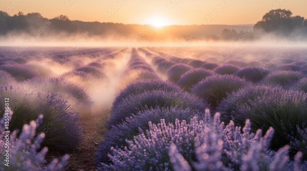 Fototapeta premium Misty Lavender Fields Sunrise Landscape Photography