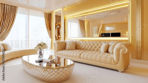 Digital baroque living room, gold walls, champagne leather sofa with decorative stitching, glass coffee table, built in LED lighting, automated curtain