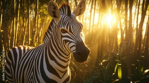 Zebra Standing Serenely in Sunlit Bamboo Forest at Sunrise with Glowing Background